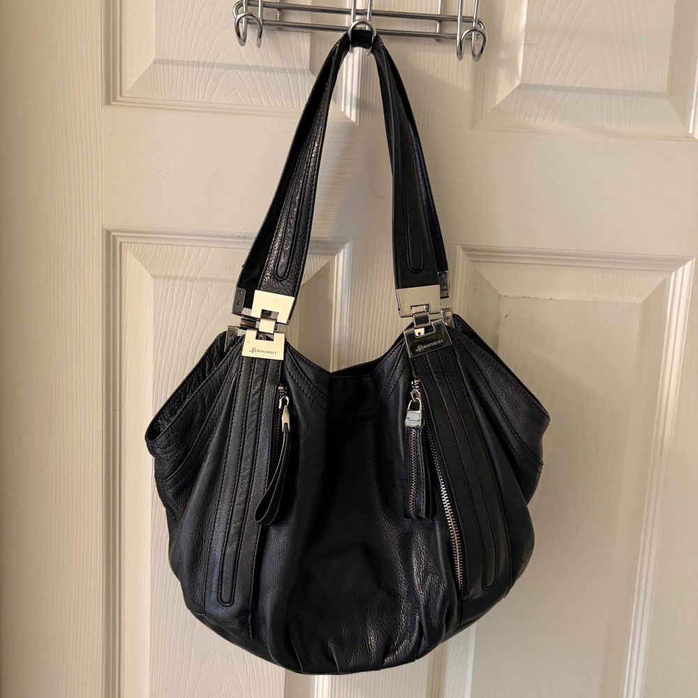 B. Makowsky Black Genuine Leather Large Hobo Shoulder Bag Silver Hardware